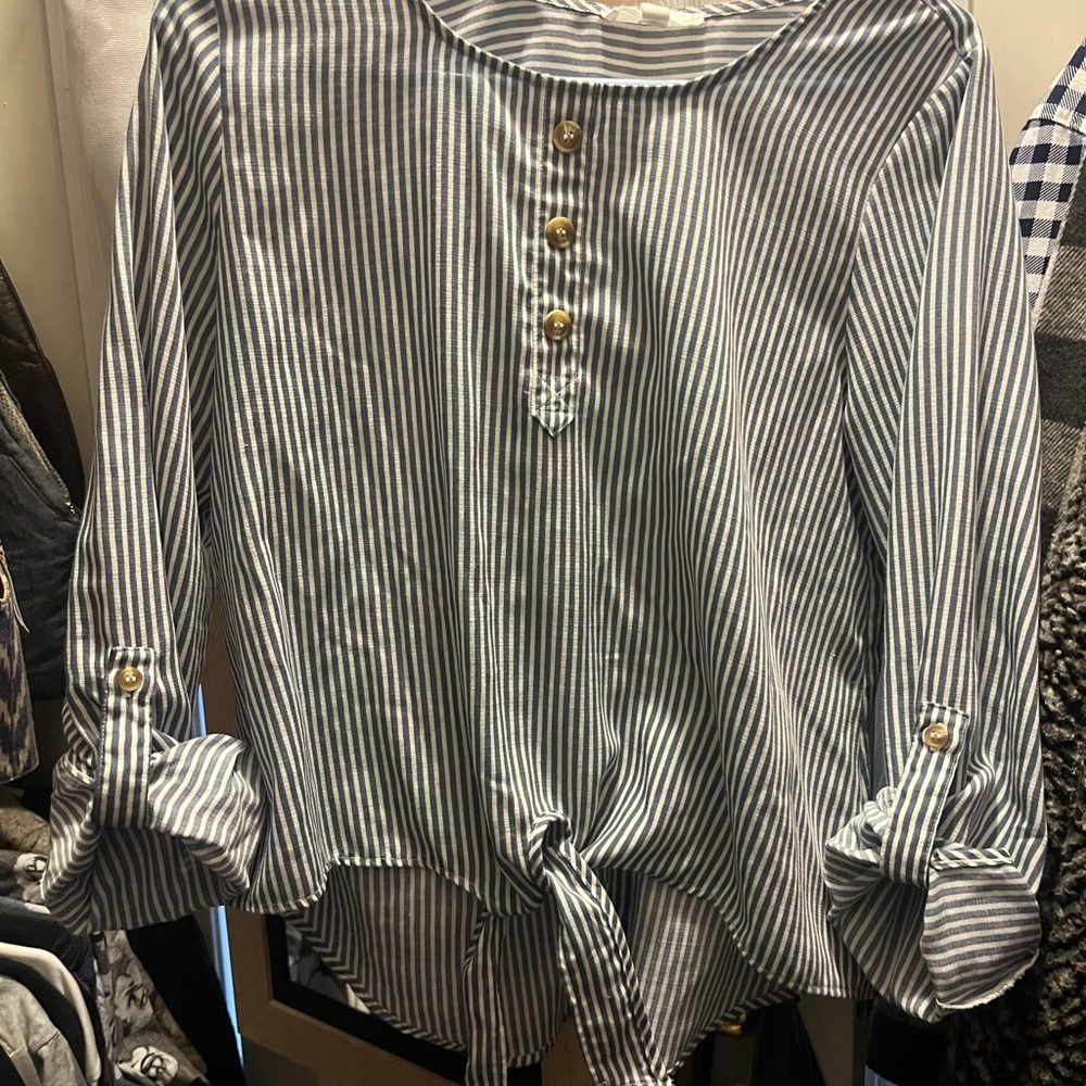 E & M Navy Striped Button-Front and Back Blouse